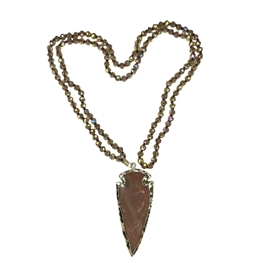 Handmade Arrowhead Pendant Necklace Long Beaded Stone‎ Gold Trim Boho Western